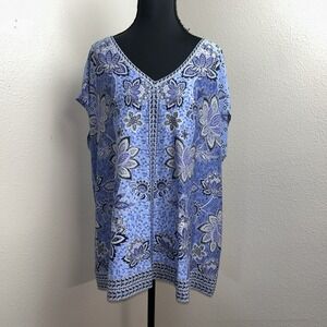 J.Jill Wearever Collection Blouse Women's XL Blue Paisley‎ Floral Print V Neck